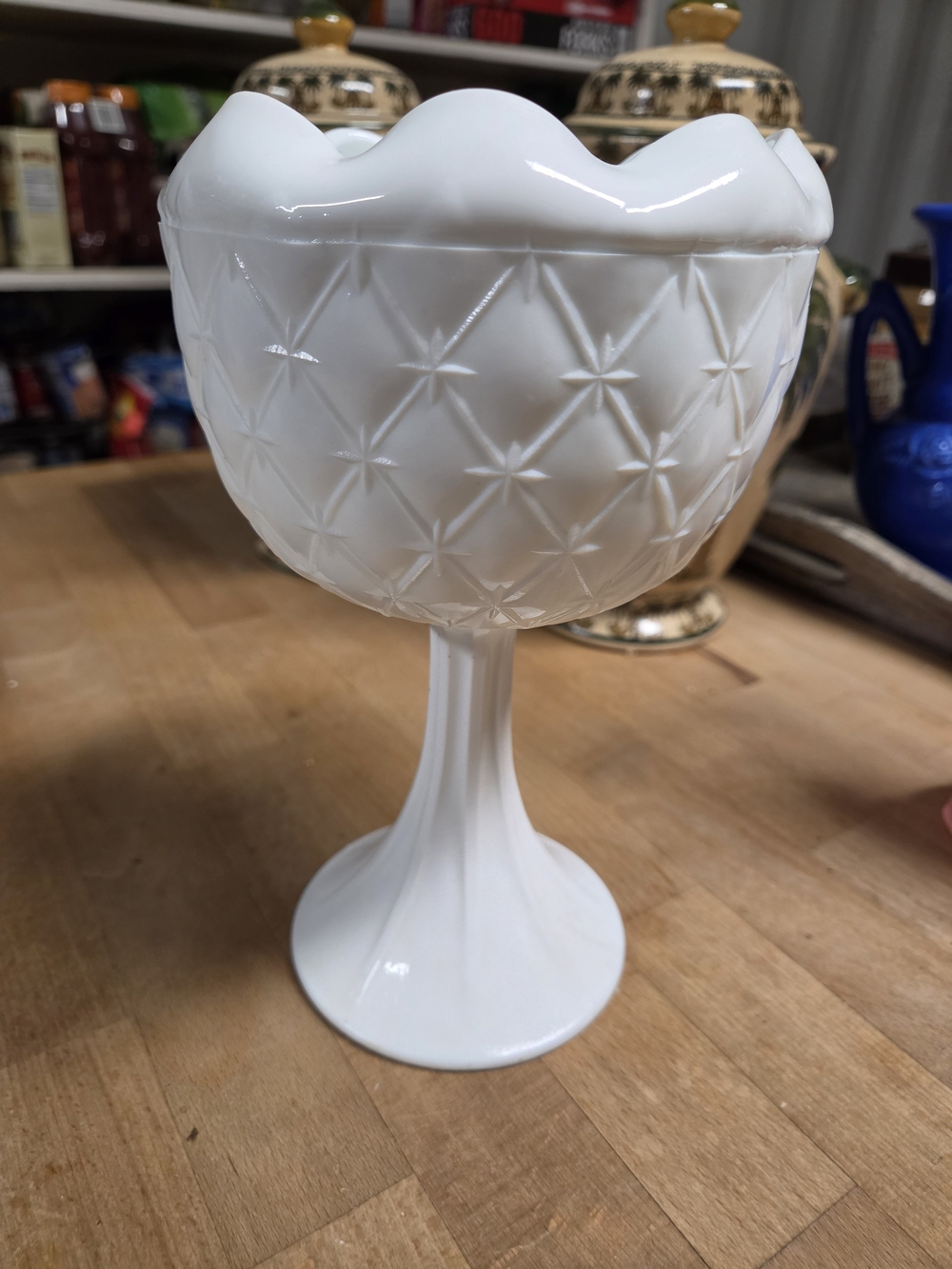 Vintage Indiana "Duette" milk glass pedestal compote Quilted Diamond Pattern